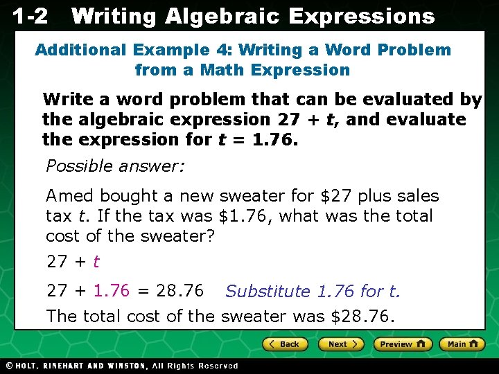 1 -2 Writing Algebraic Expressions Additional Example 4: Writing a Word Problem from a