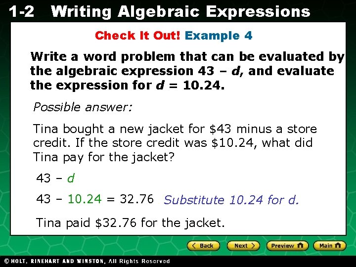 1 -2 Writing Algebraic Expressions Check It Out! Example 4 Write a word problem