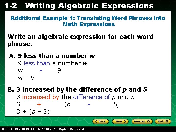 1 -2 Writing Algebraic Expressions Additional Example 1: Translating Word Phrases into Math Expressions