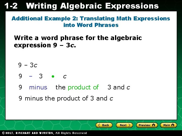 1 -2 Writing Algebraic Expressions Additional Example 2: Translating Math Expressions into Word Phrases
