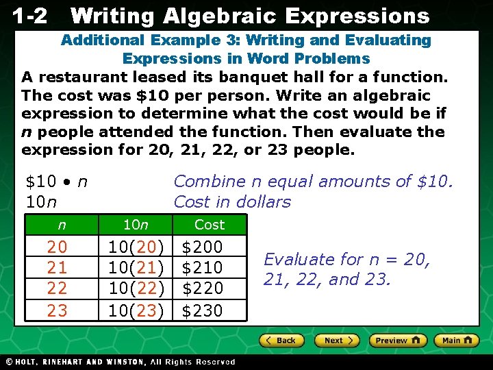 1 -2 Writing Algebraic Expressions Additional Example 3: Writing and Evaluating Expressions in Word