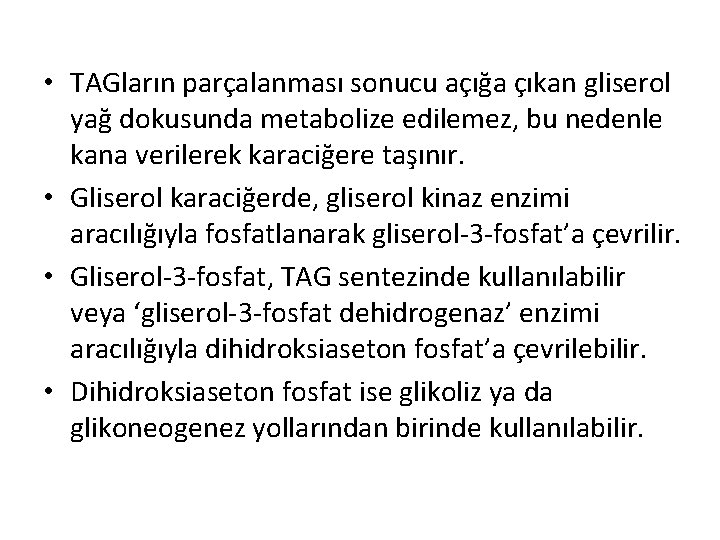  • TAGların parçalanması sonucu açığa çıkan gliserol yağ dokusunda metabolize edilemez, bu nedenle