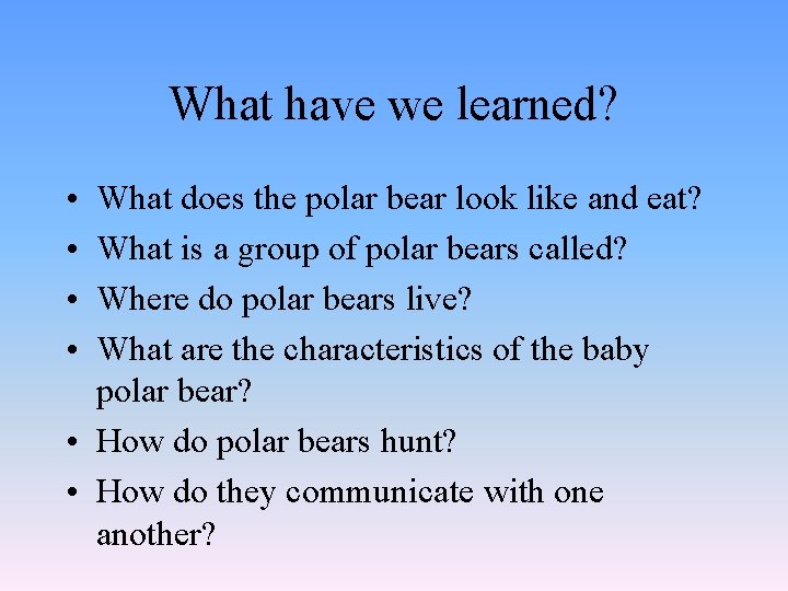 What have we learned? • • What does the polar bear look like and