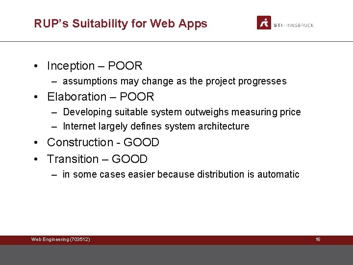 RUP’s Suitability for Web Apps • Inception – POOR – assumptions may change as RUP’s Suitability for Web Apps • Inception – POOR – assumptions may change as