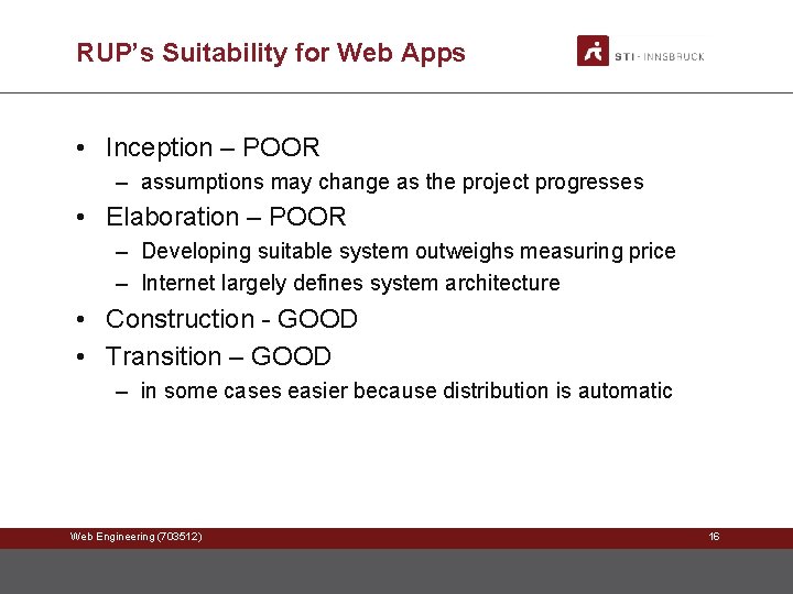 RUP’s Suitability for Web Apps • Inception – POOR – assumptions may change as