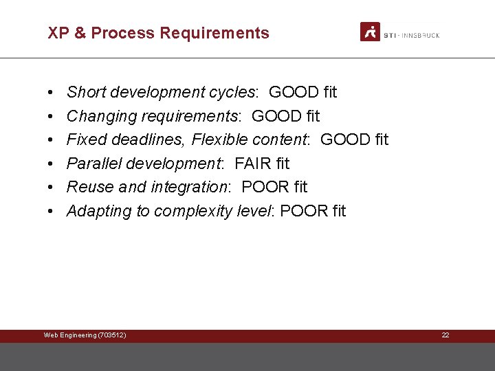 XP & Process Requirements • • • Short development cycles: GOOD fit Changing requirements: