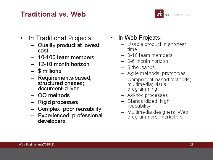 Traditional vs. Web • In Traditional Projects: – Quality product at lowest cost –
