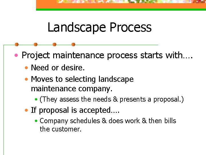 Landscape Process • Project maintenance process starts with…. • Need or desire. • Moves