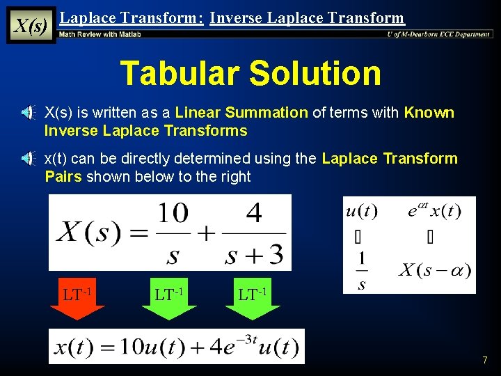 X(s) Laplace Transform: Inverse Laplace Transform Tabular Solution § X(s) is written as a X(s) Laplace Transform: Inverse Laplace Transform Tabular Solution § X(s) is written as a