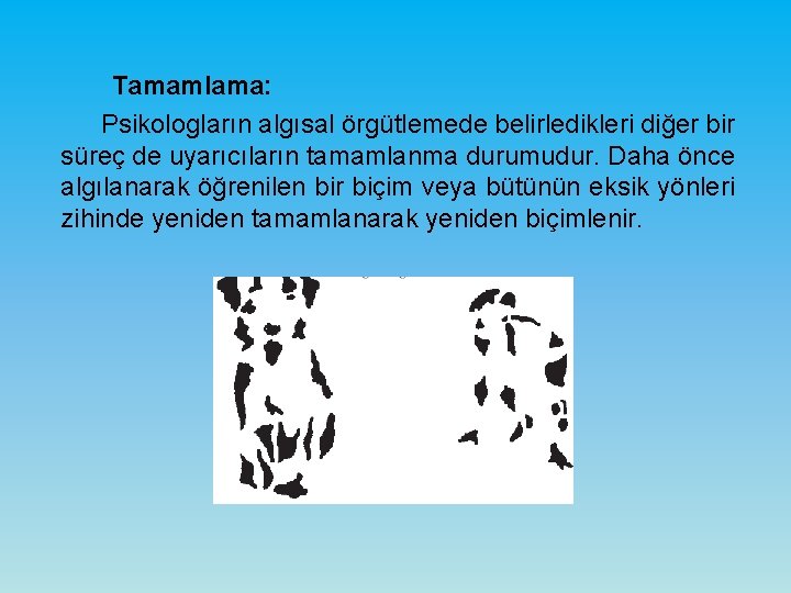 Tamamlama: Psikologların algısal örgütlemede belirledikleri diğer bir süreç de uyarıcıların tamamlanma durumudur. Daha önce