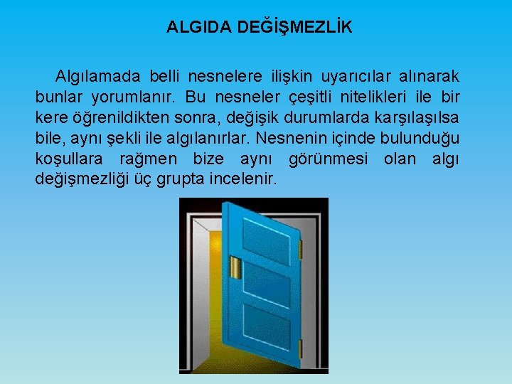 ALGIDA DEĞİŞMEZLİK Algılamada belli nesnelere ilişkin uyarıcılar alınarak bunlar yorumlanır. Bu nesneler çeşitli nitelikleri