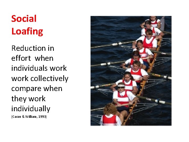 Social Loafing Reduction in effort when individuals work collectively compare when they work individually