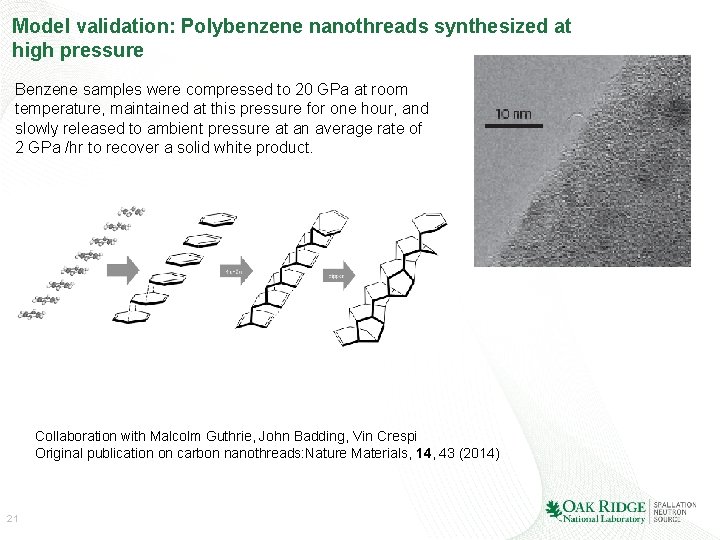 Model validation: Polybenzene nanothreads synthesized at high pressure Benzene samples were compressed to 20