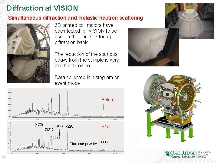 Diffraction at VISION Simultaneous diffraction and inelastic neutron scattering 3 D printed collimators have