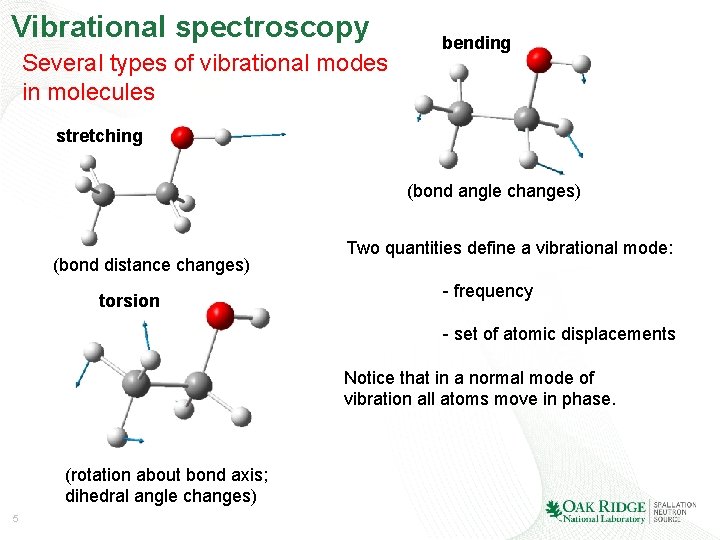 Vibrational spectroscopy Several types of vibrational modes in molecules bending stretching (bond angle changes)