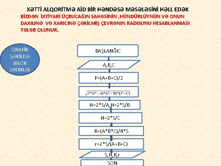 XƏTTİ ALQORİTMƏ AİD BİR HƏNDƏSƏ MƏSƏLƏSİNİ HƏLL EDƏK BİZDƏN İXTİYARİ ÜÇBUCAĞIN SAHƏSİNİN , HÜNDÜRLÜYNÜN