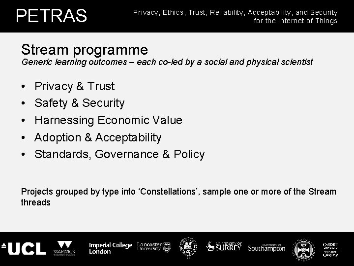 PETRAS Privacy, Ethics, Trust, Reliability, Acceptability, and Security for the Internet of Things Stream