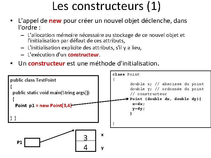Les constructeurs (1) • L'appel de new pour créer un nouvel objet déclenche, dans