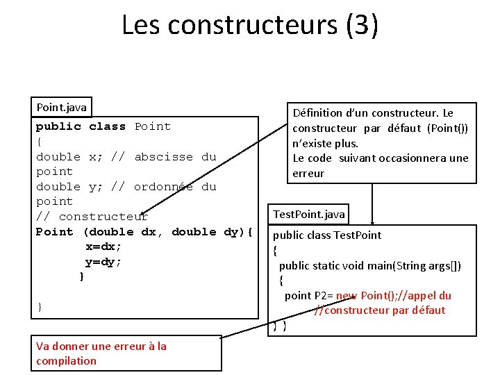 Les constructeurs (3) Point. java public class Point { double x; // abscisse du