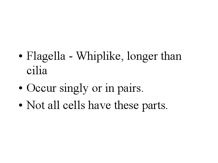  • Flagella - Whiplike, longer than cilia • Occur singly or in pairs.