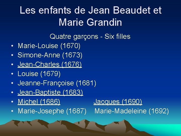 Les enfants de Jean Beaudet et Marie Grandin Quatre garçons - Six filles •