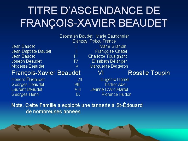 TITRE D’ASCENDANCE DE FRANÇOIS-XAVIER BEAUDET Sébastien Baudet Marie Baudonnier Blanzay, Poitou, France Jean Baudet