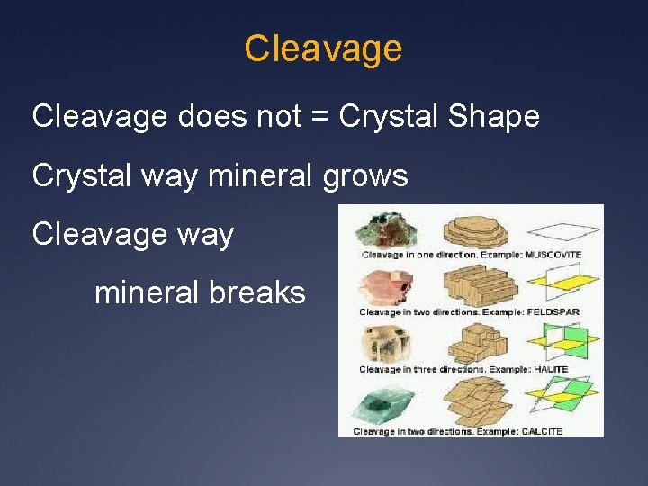 Cleavage does not = Crystal Shape Crystal way mineral grows Cleavage way mineral breaks