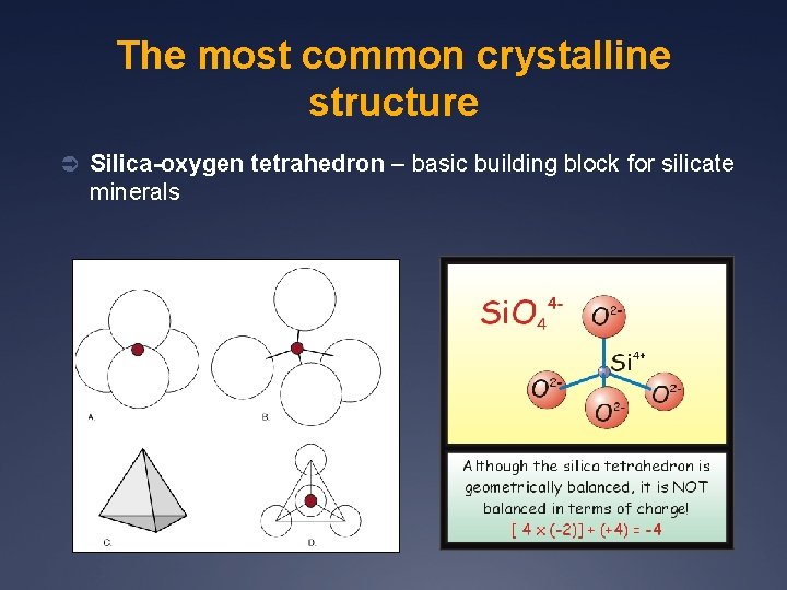 The most common crystalline structure Ü Silica-oxygen tetrahedron – basic building block for silicate