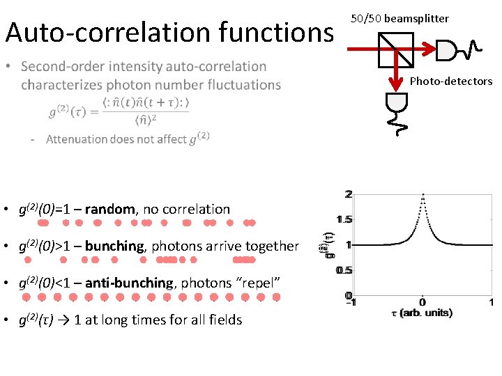 Auto-correlation functions 50/50 beamsplitter A Photo-detectors • g(2)(0)=1 – random, no correlation • g(2)(0)>1