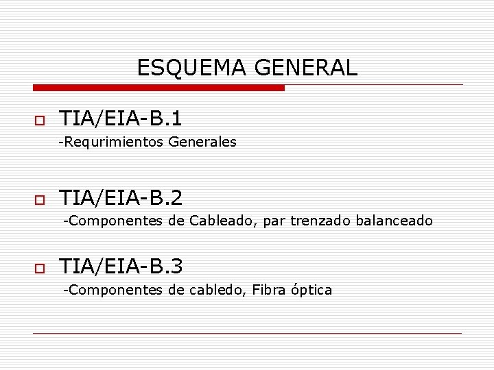 ESQUEMA GENERAL o TIA/EIA-B. 1 -Requrimientos Generales o TIA/EIA-B. 2 -Componentes de Cableado, par