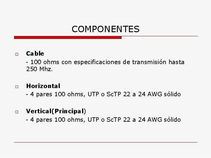 COMPONENTES o o o Cable - 100 ohms con especificaciones de transmisión hasta 250