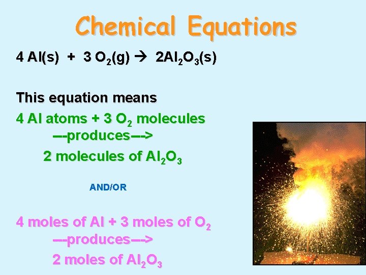 Chemical Equations 4 Al(s) + 3 O 2(g) 2 Al 2 O 3(s) This