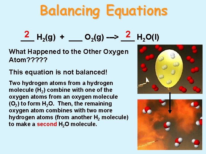 Balancing Equations 2 H 2(g) + ___ O 2(g) ---> ___ 2 H 2