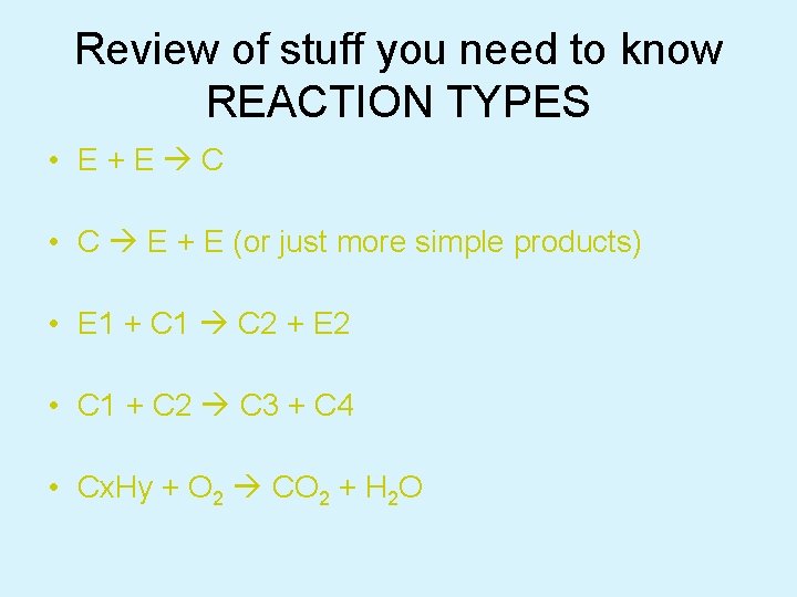 Review of stuff you need to know REACTION TYPES • E+E C • C