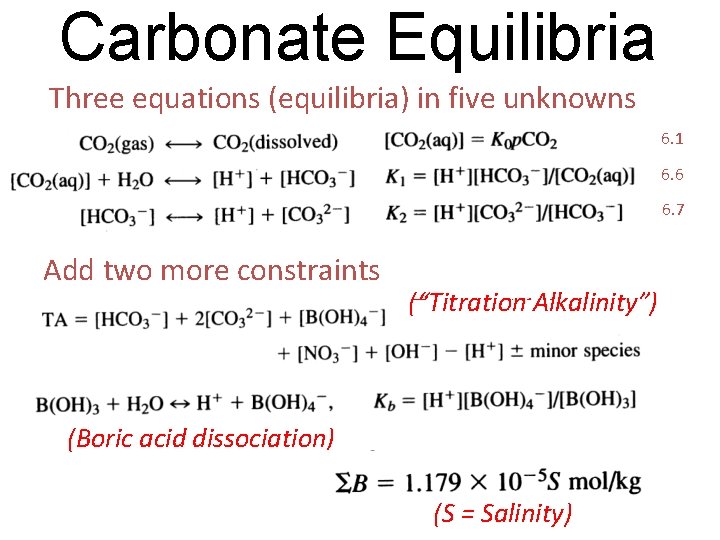 Carbonate Equilibria Three equations (equilibria) in five unknowns 6. 1 6. 6 6. 7