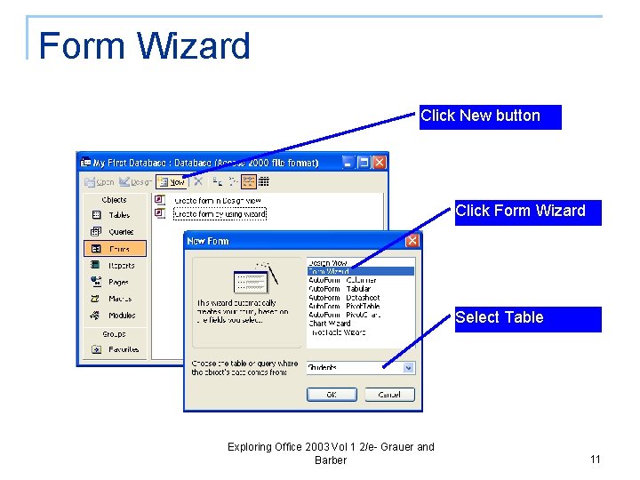 Form Wizard Click New button Click Form Wizard Select Table Exploring Office 2003 Vol
