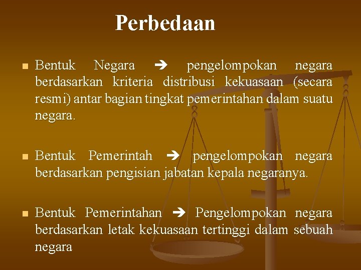 Perbedaan n Bentuk Negara pengelompokan negara berdasarkan kriteria distribusi kekuasaan (secara resmi) antar bagian