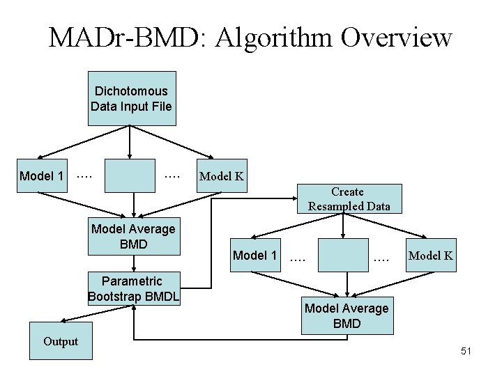 MADr-BMD: Algorithm Overview Dichotomous Data Input File Model 1 …. Model K Create Resampled