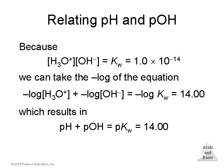 Relating p. H and p. OH Because [H 3 O+][OH ] = Kw =