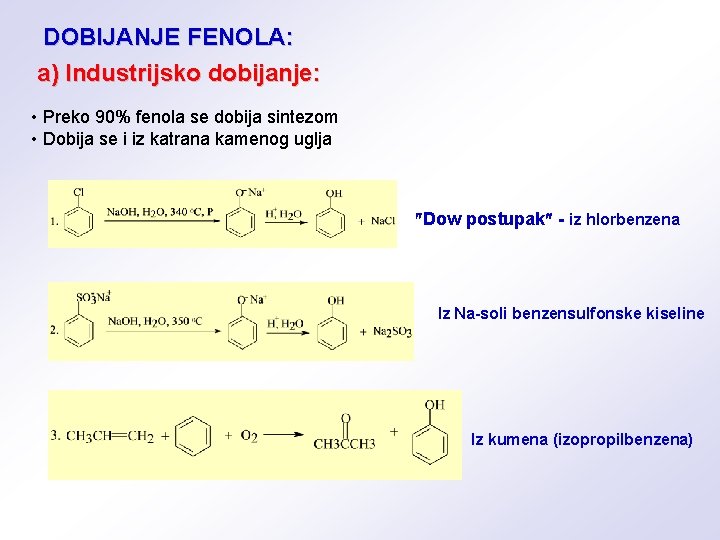 DOBIJANJE FENOLA: a) Industrijsko dobijanje: • Preko 90% fenola se dobija sintezom • Dobija