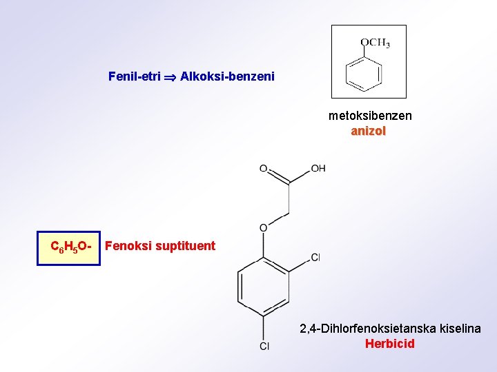 Fenil-etri Alkoksi-benzeni metoksibenzen anizol C 6 H 5 O- Fenoksi suptituent 2, 4 -Dihlorfenoksietanska