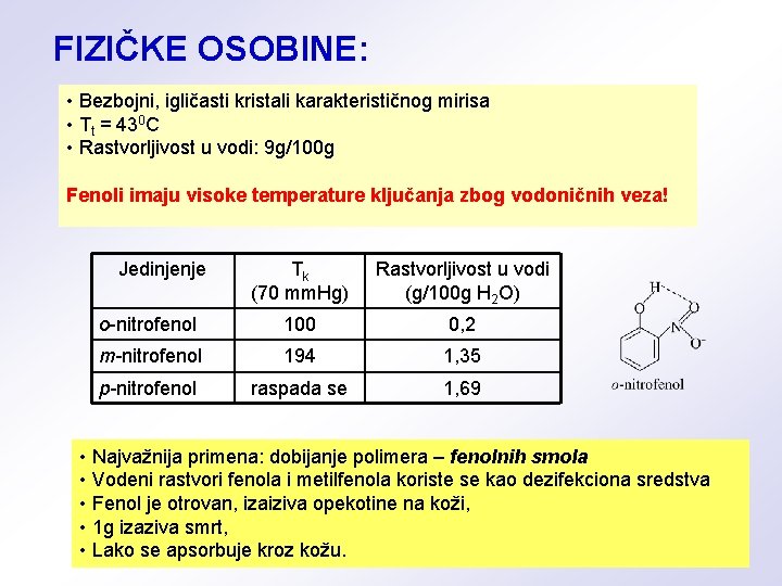 FIZIČKE OSOBINE: • Bezbojni, igličasti kristali karakterističnog mirisa • Tt = 430 C •