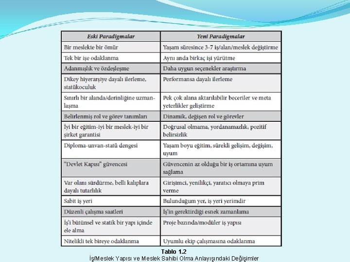 Tablo 1. 2 İş/Meslek Yapısı ve Meslek Sahibi Olma Anlayışındaki Değişimler 