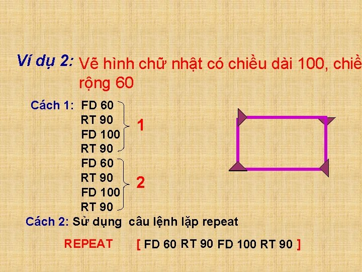 Ví dụ 2: Vẽ hình chữ nhật có chiều dài 100, chiề rộng 60