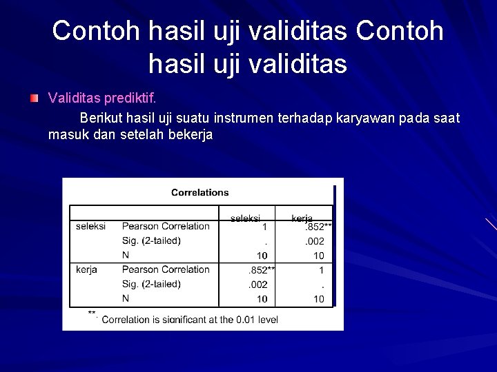 Contoh hasil uji validitas Validitas prediktif. Berikut hasil uji suatu instrumen terhadap karyawan pada