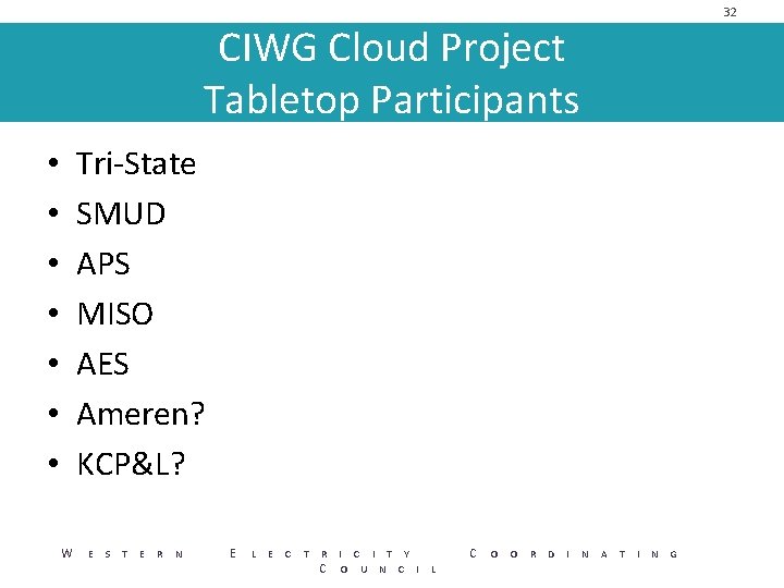 32 CIWG Cloud Project Tabletop Participants Tri-State SMUD APS MISO AES Ameren? KCP&L? •