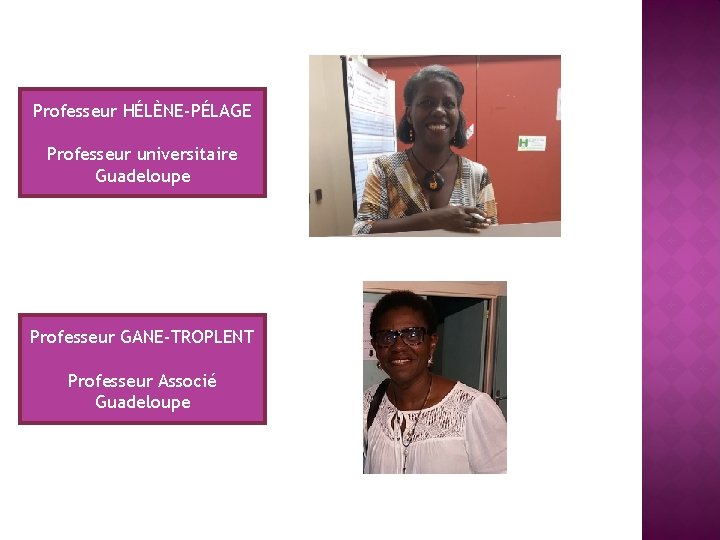 Professeur HÉLÈNE-PÉLAGE Professeur universitaire Guadeloupe Professeur GANE-TROPLENT Professeur Associé Guadeloupe 