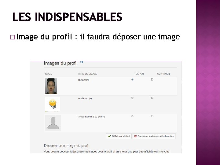 LES INDISPENSABLES � Image du profil : il faudra déposer une image 