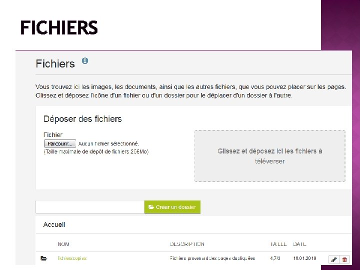 FICHIERS � c’est l’endroit où vous déposerez tous les fichiers pdf, video, image ou