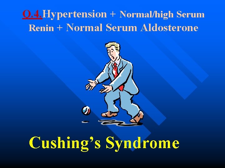 Q. 4. Hypertension + Normal/high Serum Renin + Normal Serum Aldosterone Cushing’s Syndrome 